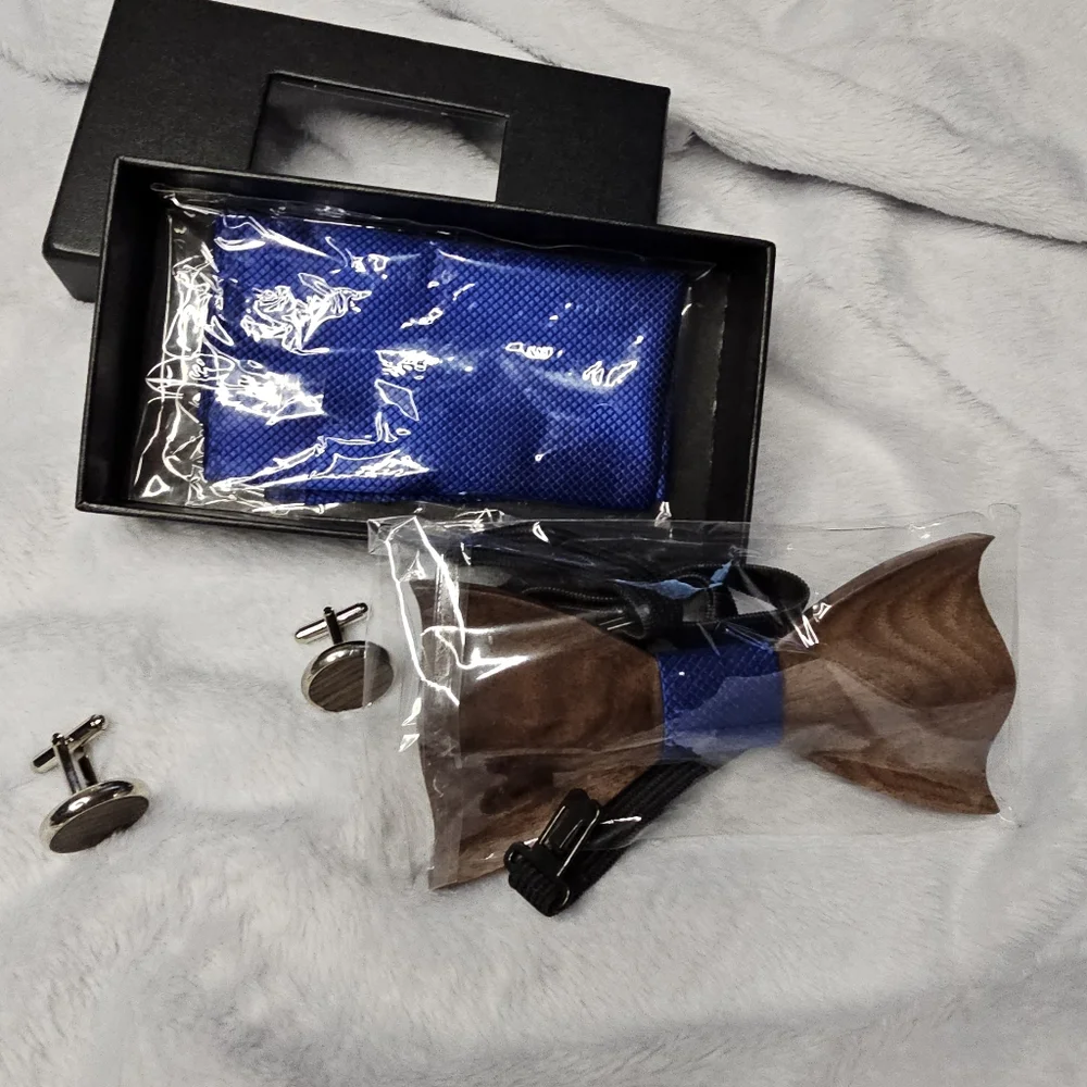 Royal Blue Wood Bow Tie Set With Cuff Links And Pocket Square